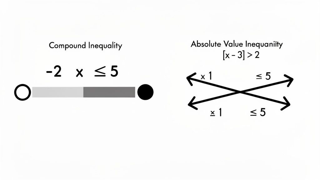 Visual explanation of compound and absolute value inequalities with number line graphs.
