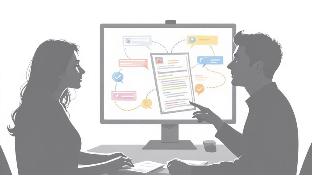 Two individuals reviewing a document displayed on a monitor, with comment bubbles indicating feedback.