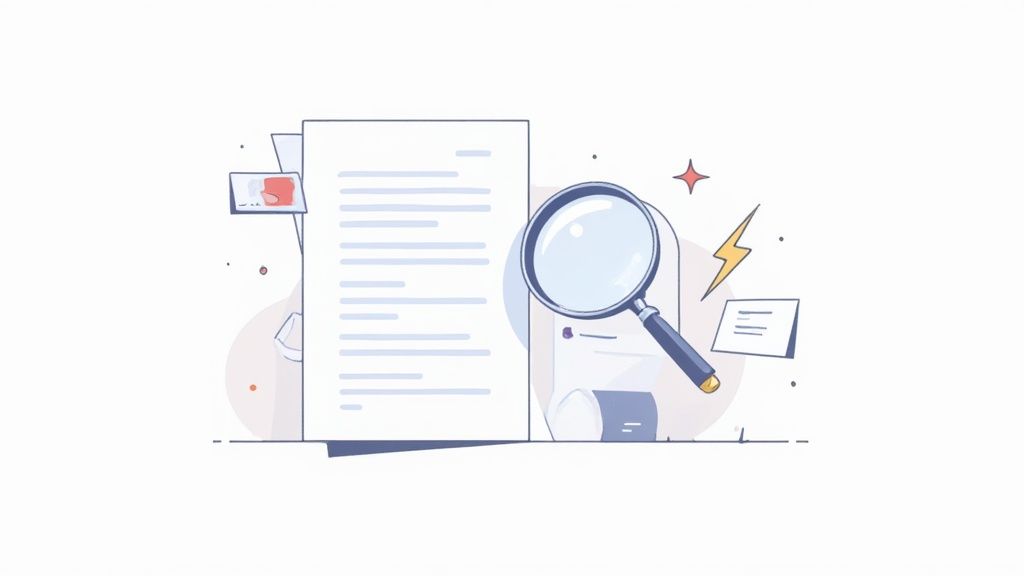 An illustration featuring a magnifying glass over stacked documents, symbolizing document review and analysis.