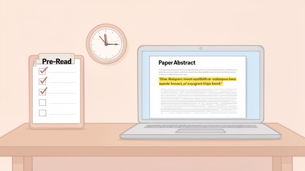 A study desk with a laptop displaying a paper abstract and a 'Pre-Read' checklist.