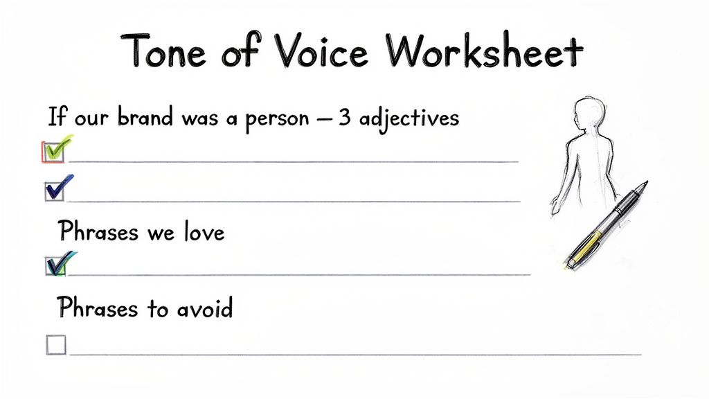 A Tone of Voice Worksheet featuring sections for brand adjectives, loved phrases, and phrases to avoid.