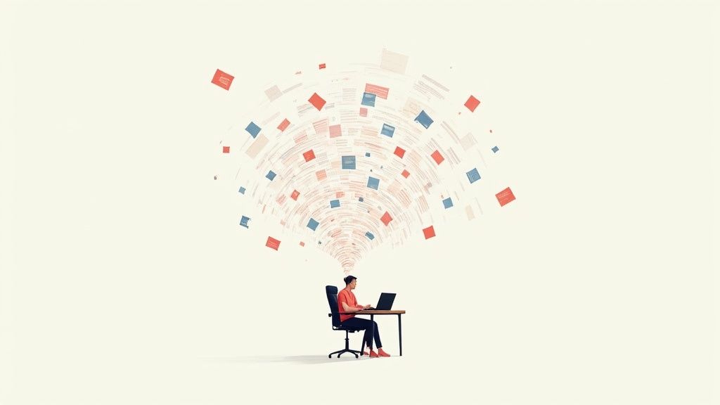 Person working on a laptop, with a large volume of data and documents flowing above them.