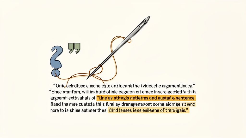 A needle and thread connecting a question mark, quotation marks, and highlighted text about lines and sentences.