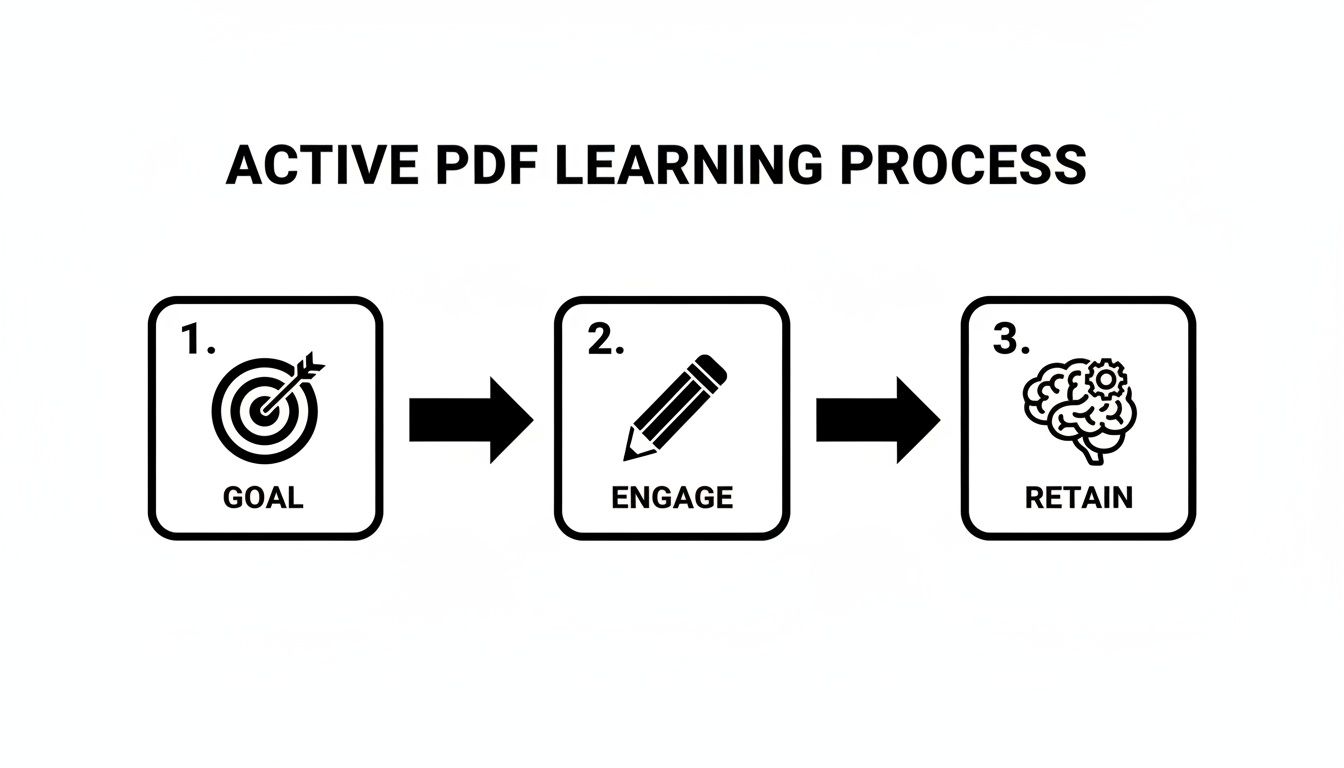 Flowchart illustrating the active PDF learning process with steps: Goal, Engage, and Retain.
