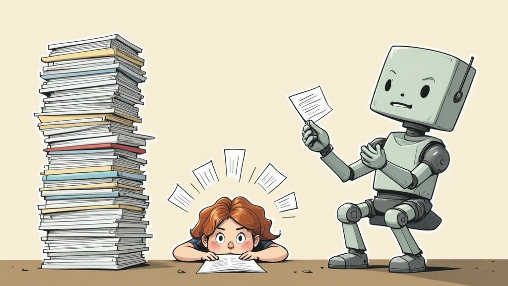 Overwhelmed student with papers while robot assistant efficiently organizes documents and research materials