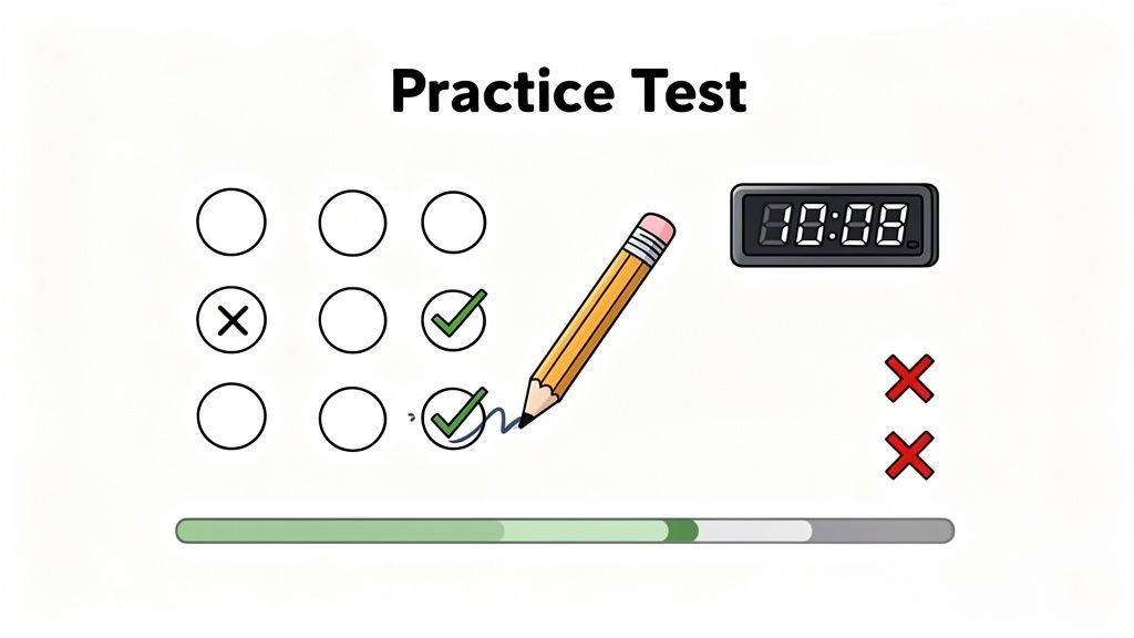 A visual representation of a practice test with a timer and answers being marked.