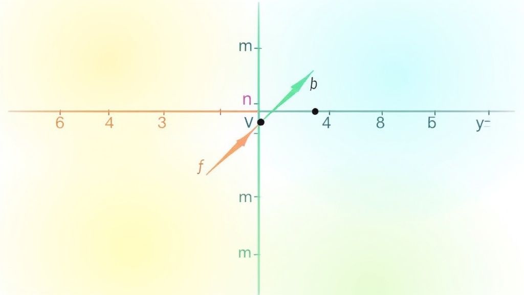 A 2D coordinate plane shows three labeled vectors (n, b, f) originating from point V, and a point at (4,0).