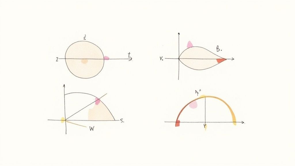 Four hand-drawn mathematical diagrams depicting circles, curves, axes, and shaded regions with labels.