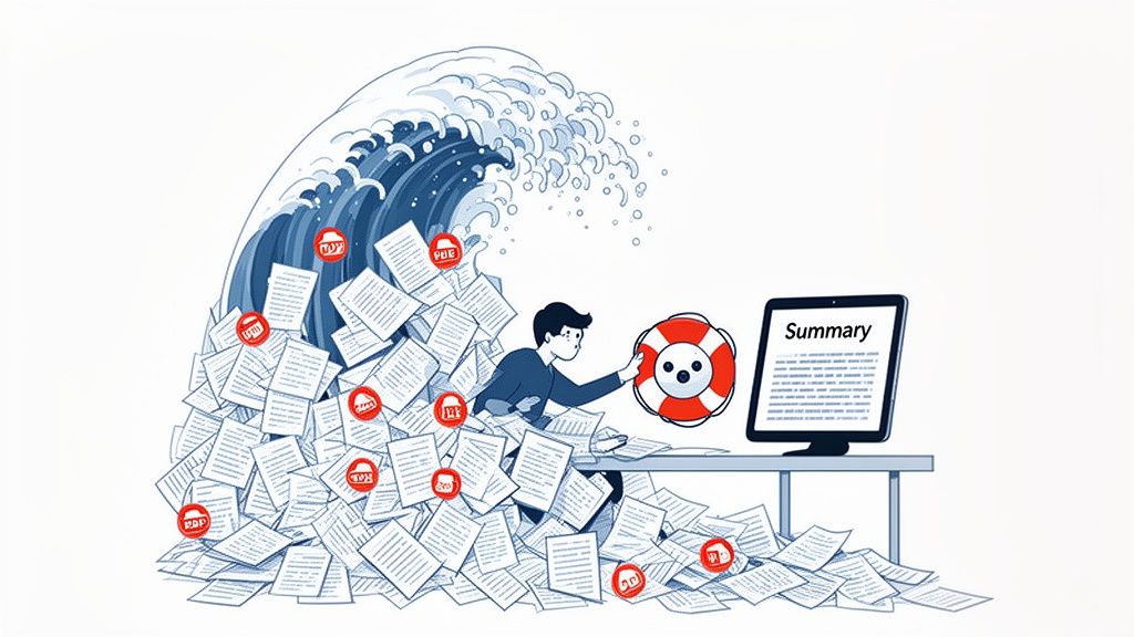 A person overwhelmed by a massive wave of documents reaches for a lifebuoy near a 'Summary' screen.