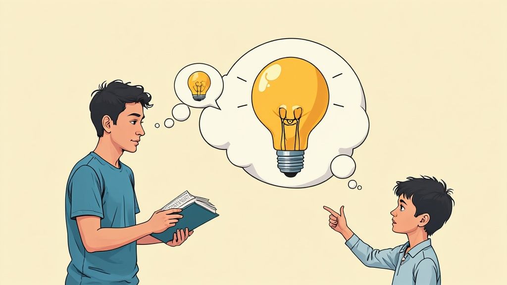 Two boys, one reading a book, the other pointing at thought bubbles with lightbulbs, symbolizing ideas.
