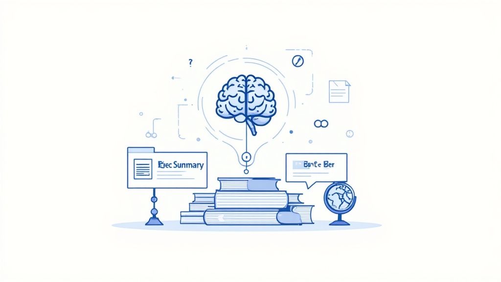 Illustration of a brain linked to books, an 'Exec Summary' folder, and a globe, representing information and knowledge.
