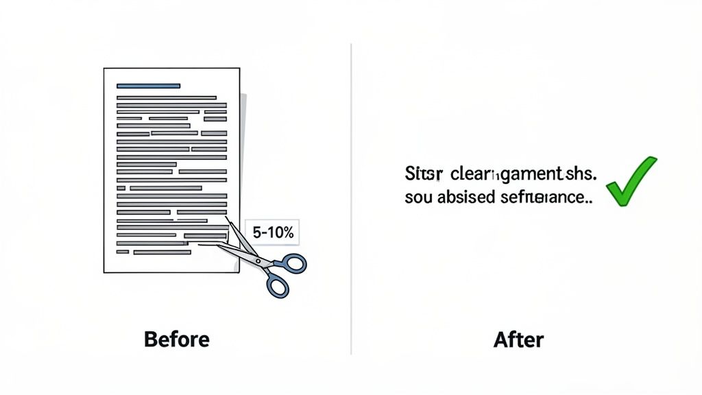 Illustration showing a long document being condensed by scissors into a shorter, clearer text.
