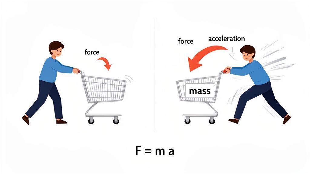 Illustration of Newton's Second Law (F=ma) showing a person pushing shopping carts to demonstrate force, mass, and acceleration.