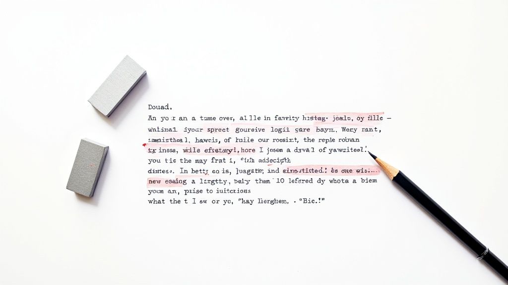 A flat lay of typed text on white paper, with red highlights, two erasers, and a pencil.