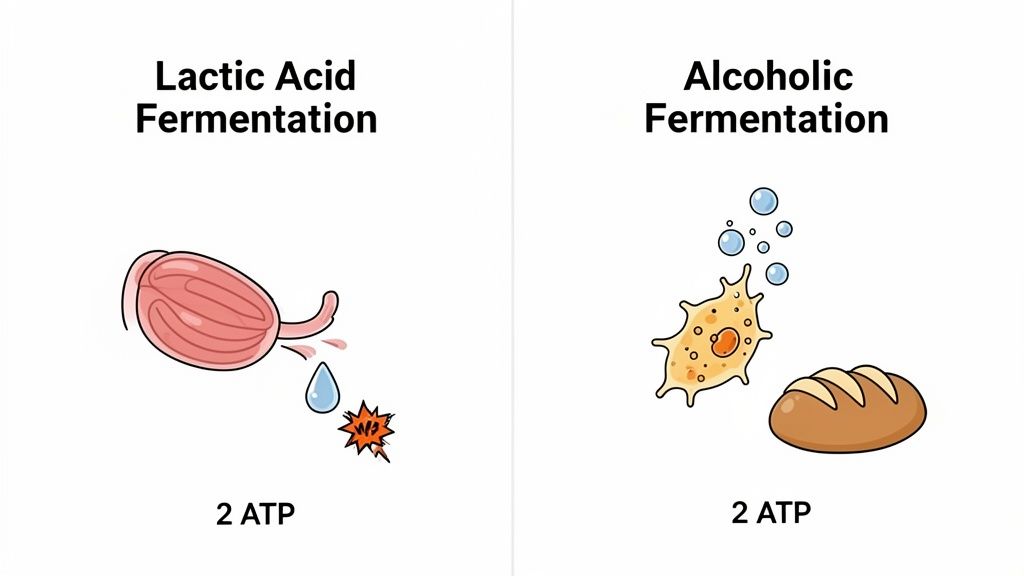 Illustrates lactic acid fermentation in muscles and alcoholic fermentation in yeast, both yielding 2 ATP.