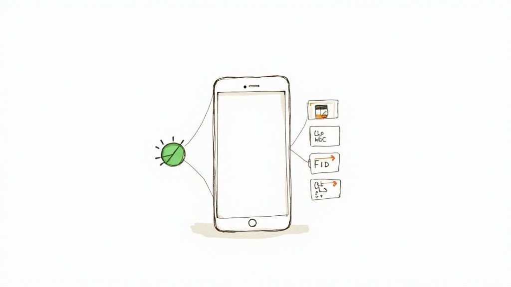 Hand-drawn diagram of a smartphone connected to a green light source and Core Web Vitals metrics (LCP, FID).
