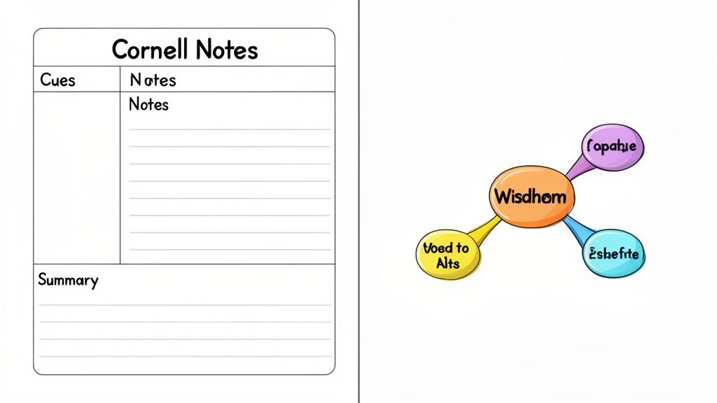 A Cornell Notes template next to a colorful mind map centered on 'Wisdhom' with related concepts.