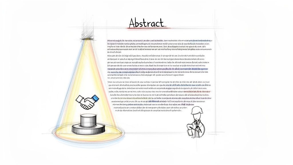 Sketch illustration depicting an abstract document with a spotlight on a handshake, symbolizing collaboration and research.
