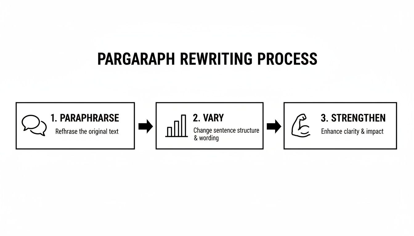A diagram outlining a three-step paragraph rewriting process: paraphrase, vary, and strengthen.