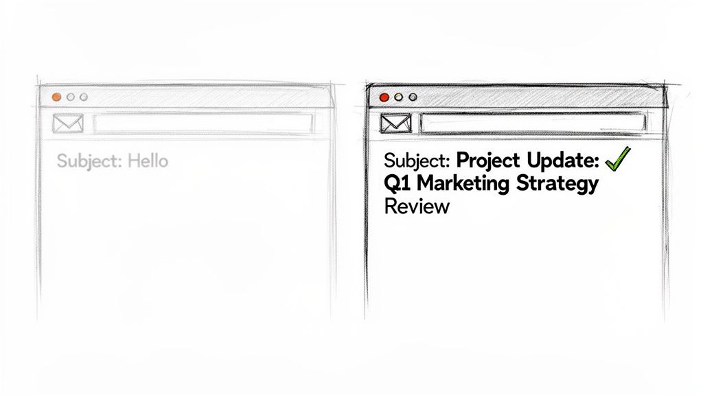 Comparison of two email subjects: a generic 'Hello' versus a professional 'Project Update'.
