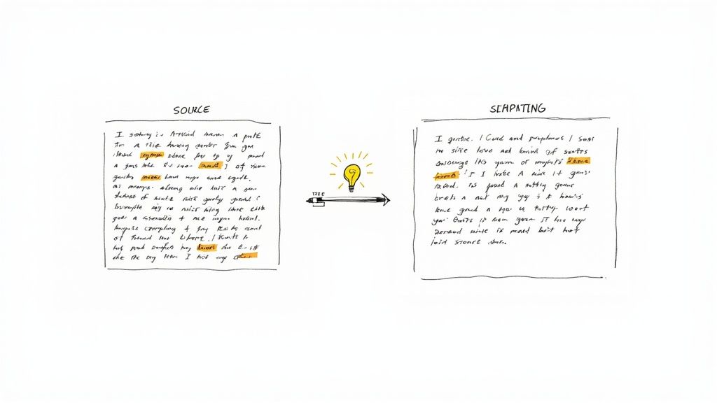 Handwritten source text transforming into separated text, shown with a lightbulb idea and arrow.
