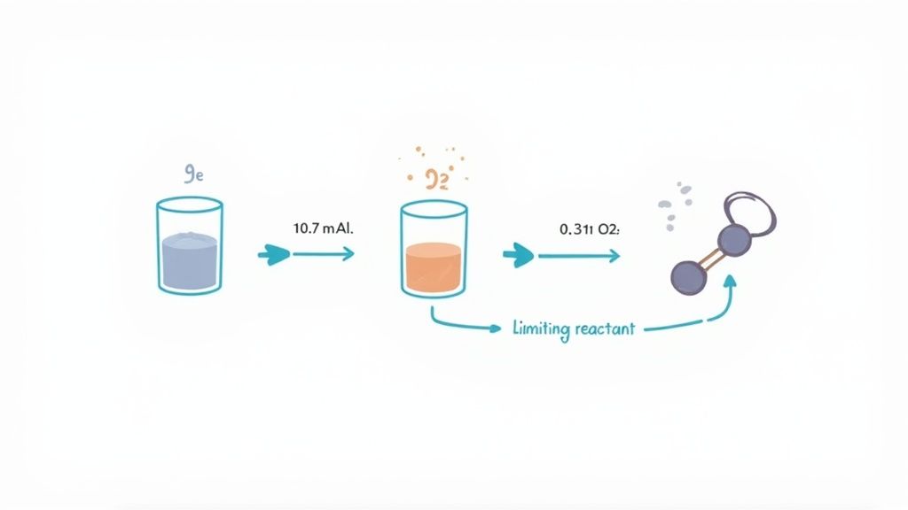 A diagram illustrates a chemical reaction process, starting with 'ge', adding 'mAl', and then 'O2', identifying a limiting reactant.