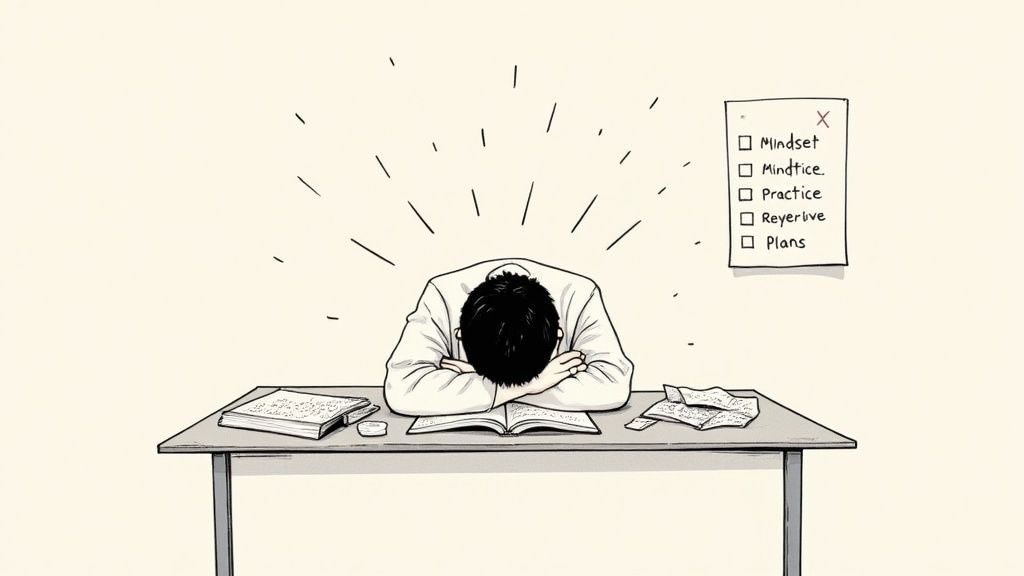 A student looking frustrated while studying math at a desk with textbooks and a laptop.