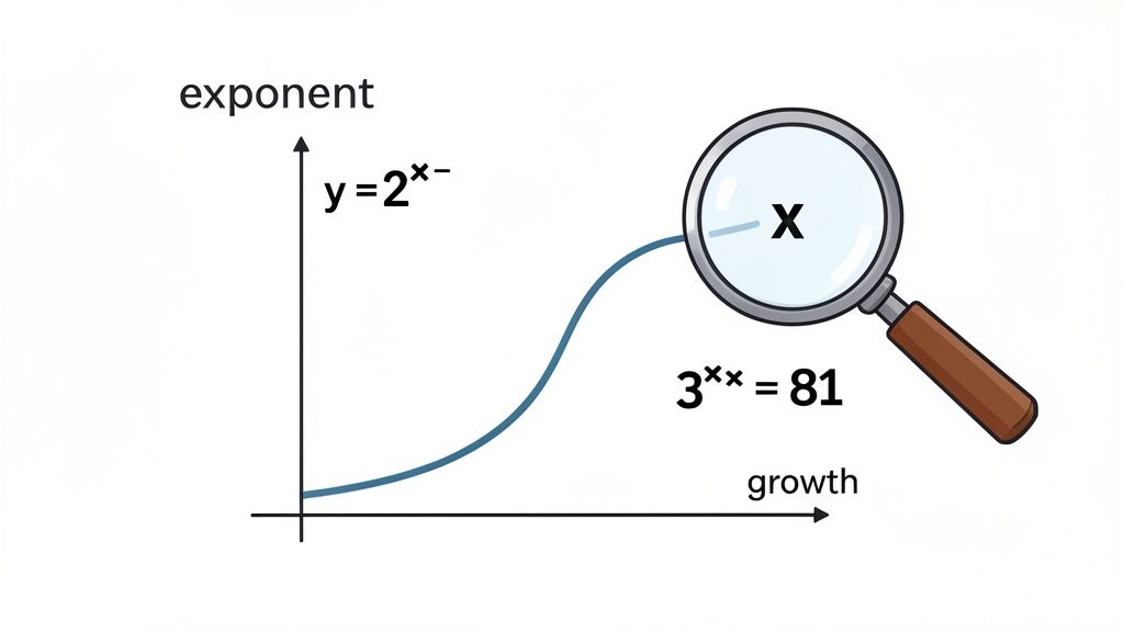 A graph illustrating an exponential curve y=2^x, with a magnifying glass solving for x in 3^x=81.