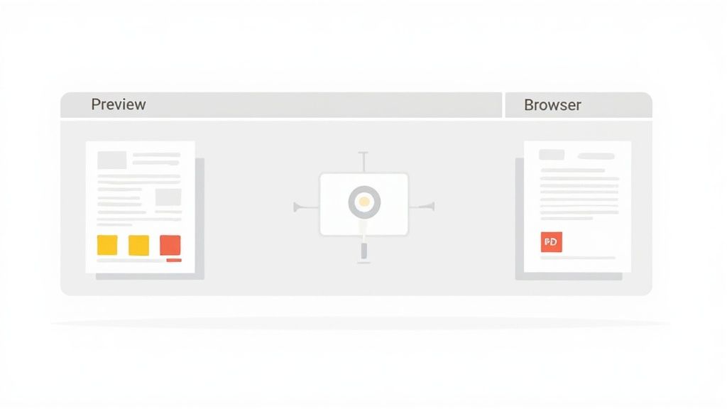 An illustration showing a document in a 'Preview' section, a central search tool, and a PDF document in a 'Browser' view.