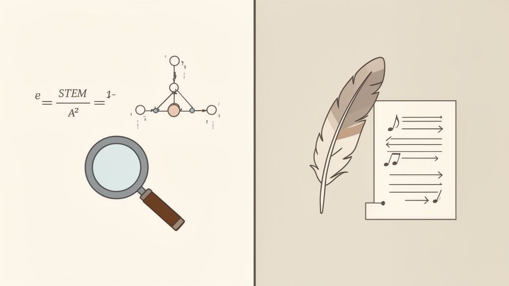 An illustration contrasting STEM concepts like equations and diagrams with artistic expression through a quill and music notes.