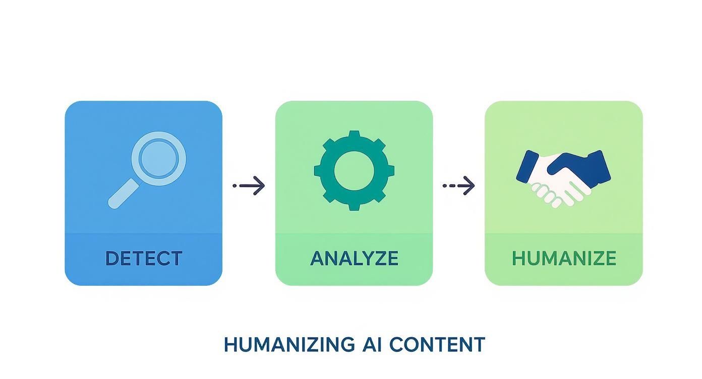 Infographic showing a three-step process to humanize AI content: detect, analyze, humanize.