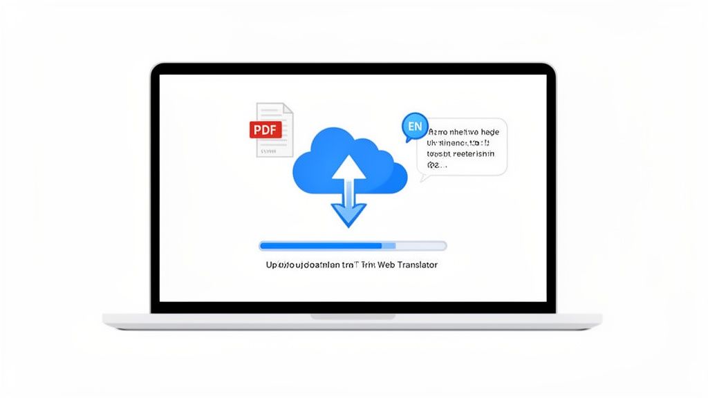 Laptop displaying a web translator tool showing a PDF document being converted to English.