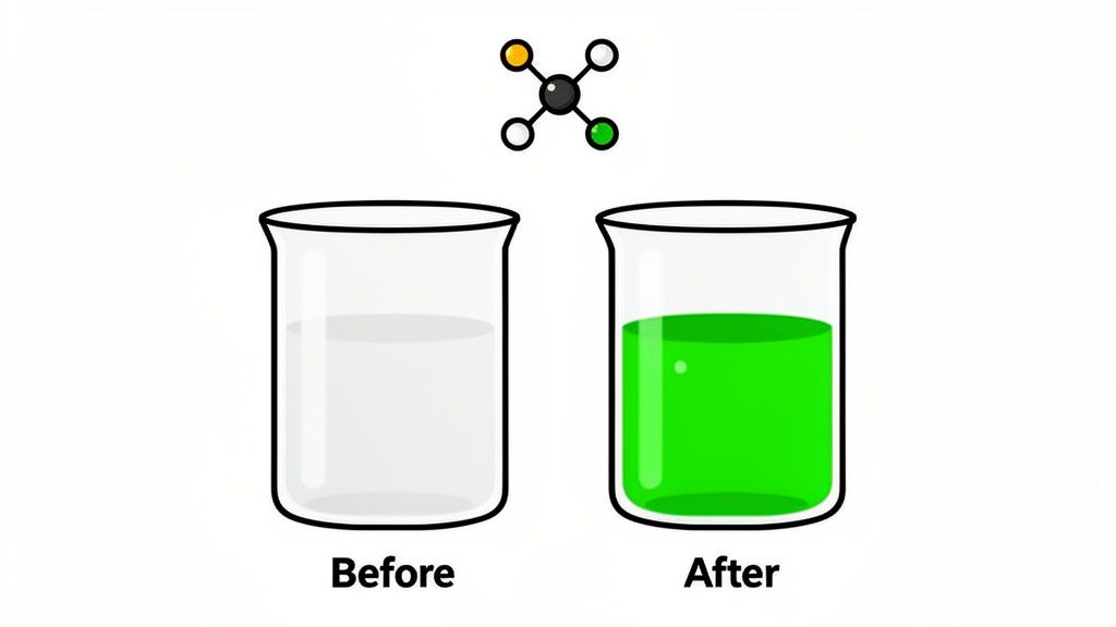 Illustration showing a clear liquid in a beaker turning green after a chemical reaction, symbolizing a chemical change.