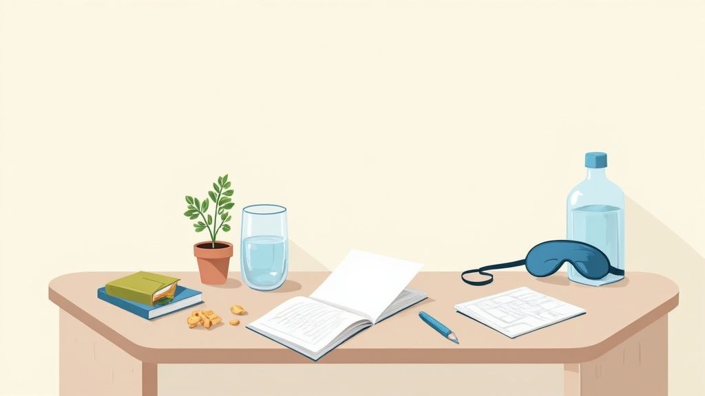 A minimalist study desk setup with books, a plant, water, an open notebook, snacks, and a sleep mask.