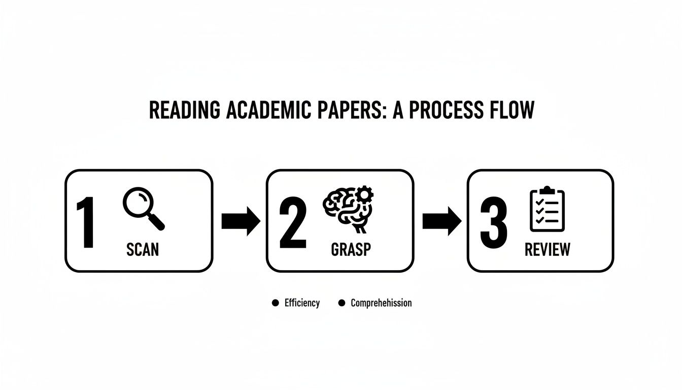 A three-step process flow for reading academic papers: Scan, Grasp, Review for efficiency and comprehension.