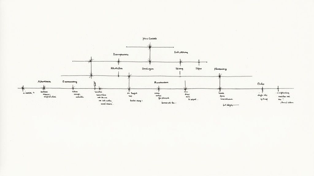 A handwritten conceptual diagram depicting a hierarchical or timeline structure with interconnected nodes and text.