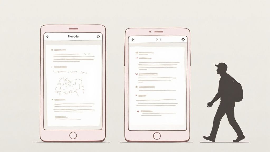 Two stylized mobile phones displaying notes and lists, next to a silhouette of a walking person.