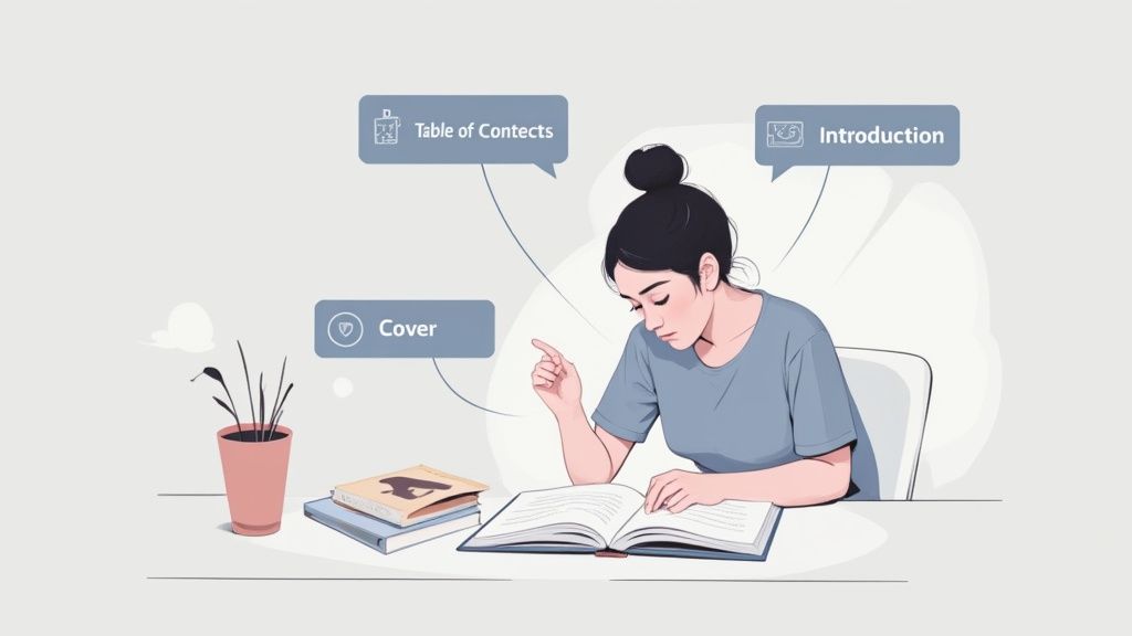 Illustration of a woman reading a book at a desk, with book section concepts like cover and introduction.