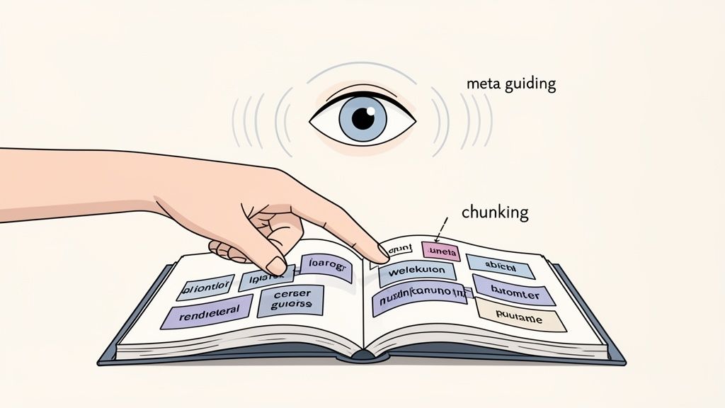 A hand points at a book with highlighted word chunks, illustrating meta guiding and chunking reading techniques.