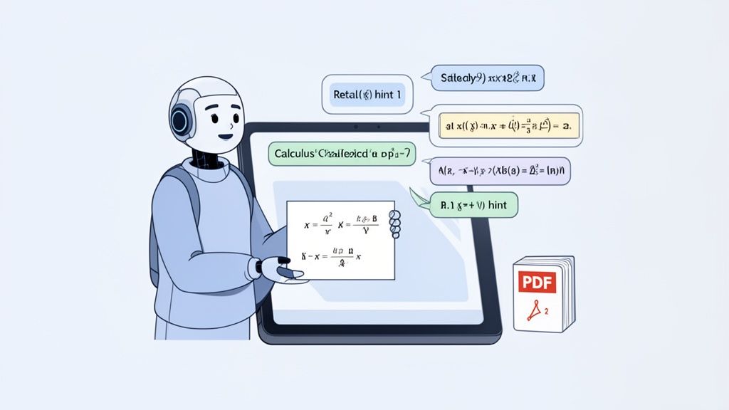 A friendly robot holds a paper with math equations, surrounded by digital learning hints.