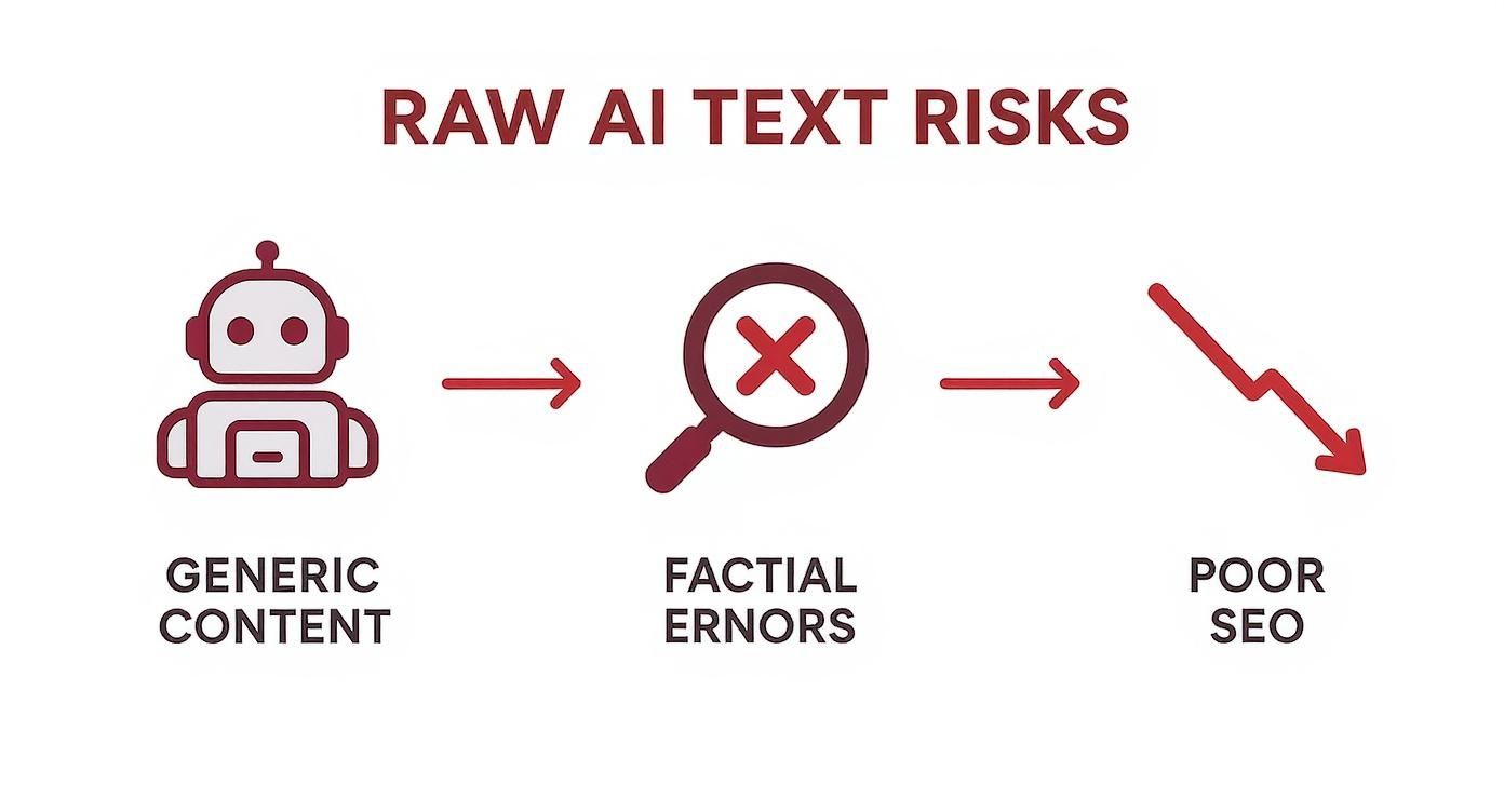 Diagram showing risks of using raw AI text: generic content leads to factual errors and poor SEO.