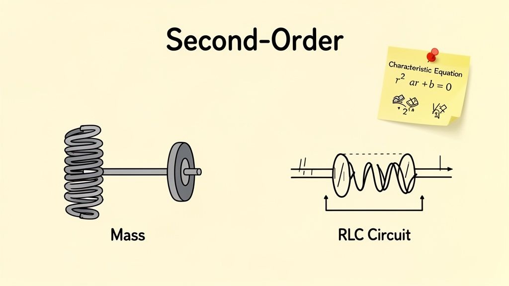 Diagram illustrating second-order systems, including a mass-spring, RLC circuit, and characteristic equation.
