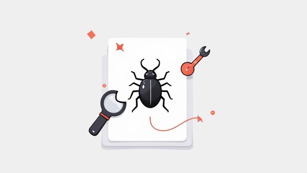 Illustration showing a black beetle on a white card with a magnifying glass and wrench, symbolizing bug fixing.
