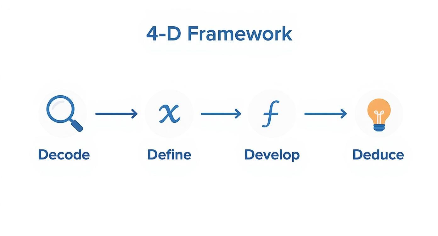 Four-step problem solving framework showing decode, define, develop, and deduce stages with icons and arrows