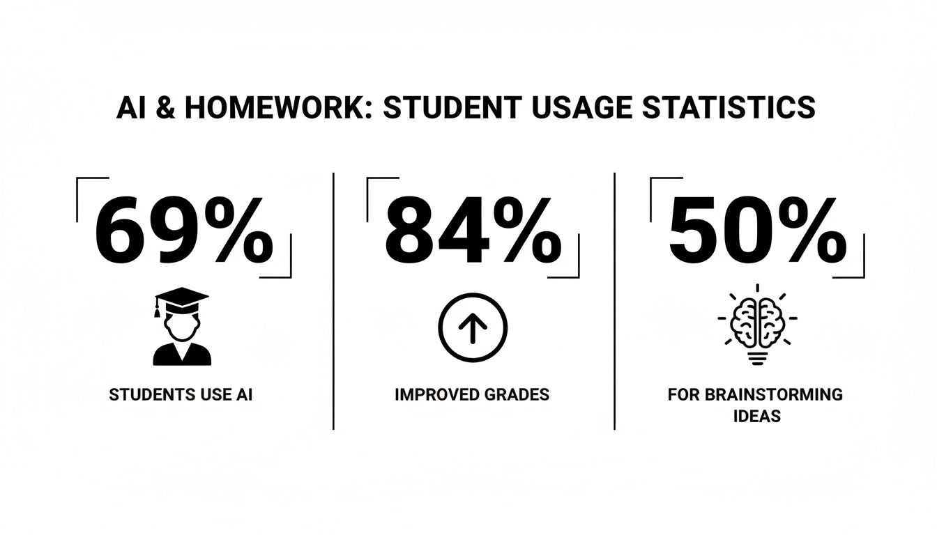 Infographic showing student usage statistics for AI in homework, including percentages for use, improved grades, and brainstorming.