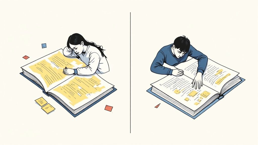 A student looking at an open textbook with a focused expression, ready to begin studying.