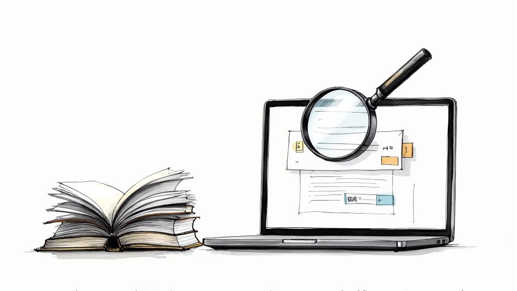 An open book next to a laptop with a magnifying glass over its screen, symbolizing research.