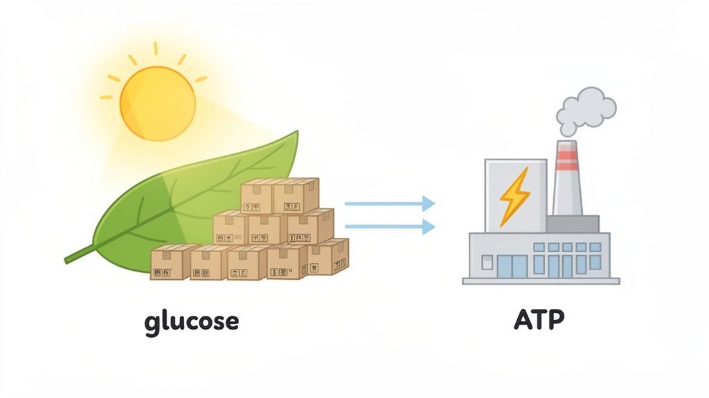 Illustration showing sunlight and a leaf producing glucose, which is then converted into ATP by a factory.