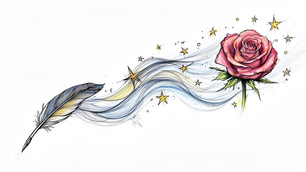 A whimsical illustration features a quill pen, swirling lines, golden stars, and a vibrant pink rose.
