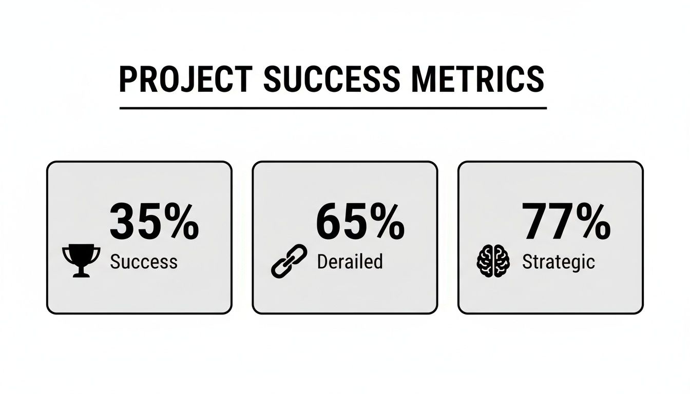 Infographic showing project success metrics: 35% success, 65% derailed, and 77% strategic projects.